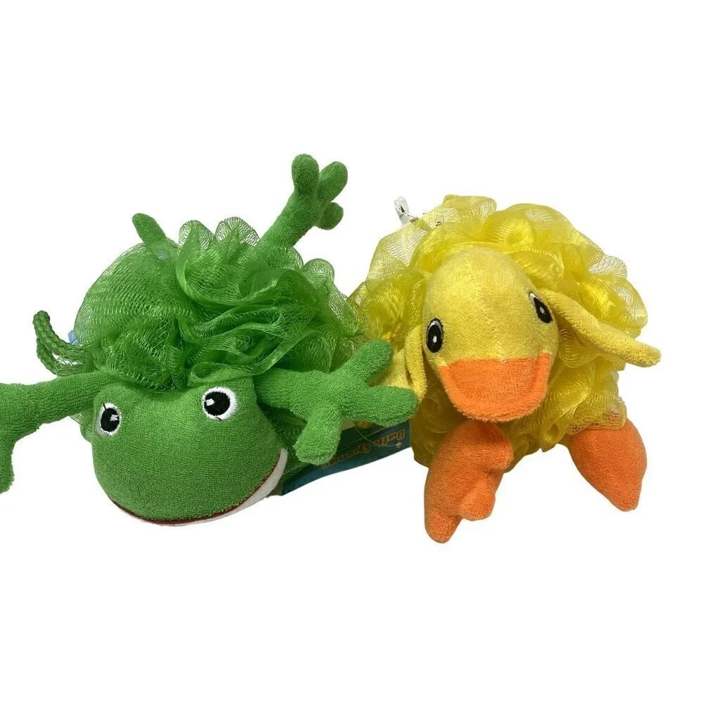 Kids Bath Time Set Foldable Duck Hamper 2 Bath Frog Duck Loofah NWT